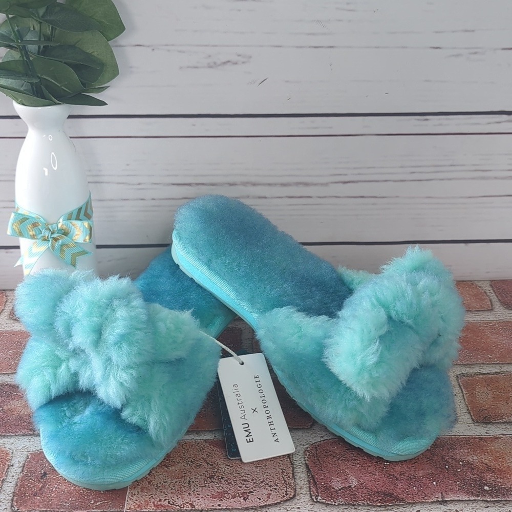 Anthropologie EMU Australia Aqua Teal Fuzzy‎ Naledi Tie-Dye Women's Slippers 6